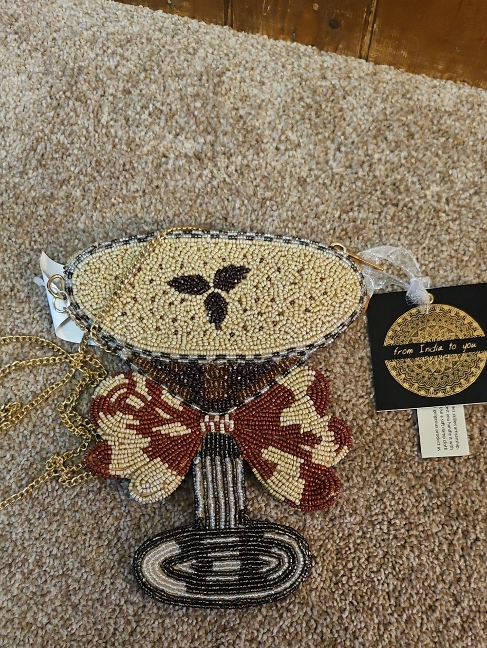 Beaded Espresso Martini Cocktail Glass Crossbody Bag - Ivory & Brown